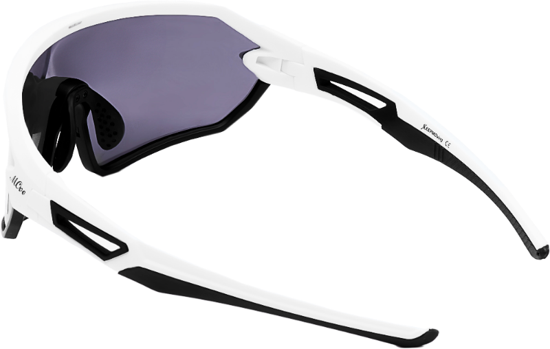 White and black sunglasses with a reflective lens on a white background