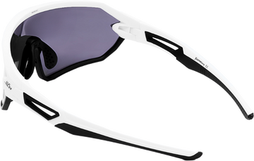 White and black sunglasses with a reflective lens on a white background