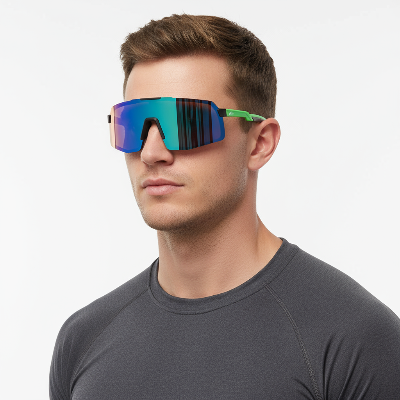 Man wearing futuristic sunglasses with a reflective lens on a plain background