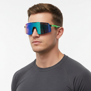 Man wearing futuristic sunglasses with a reflective lens on a plain background