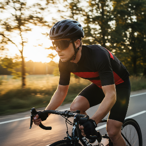 Cyclist riding on a road during sunset