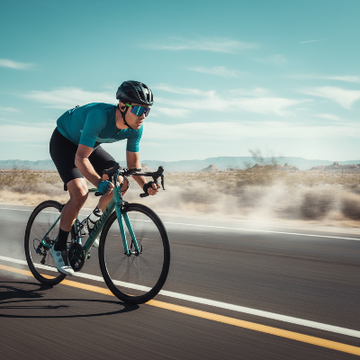 Cyclist riding on a road with a clear sky